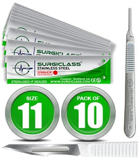 Surgical Scalpel Surgical Blades # 11 Stainless Steel Sterile and Handle No 3 Perfect for Wood Art, Surgical, Sculpting, Repairs, Lab Anatomy, Sign, Card Making Lab Trai SURGIGR11 (Pack of 10)