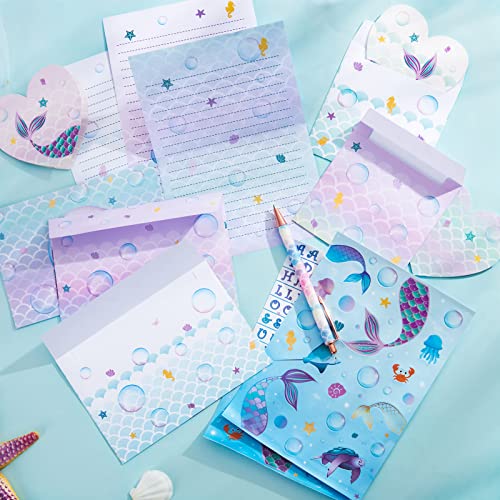 Mermaid Paper and Envelopes Set - 71PCS Magical Mermaid Stationery Paper for Kids Girls Christmas Birthday Gifts Stationery Letter Writing Set Envelopes Greeting Cards Stickers Ballpoint Pen Gift Box