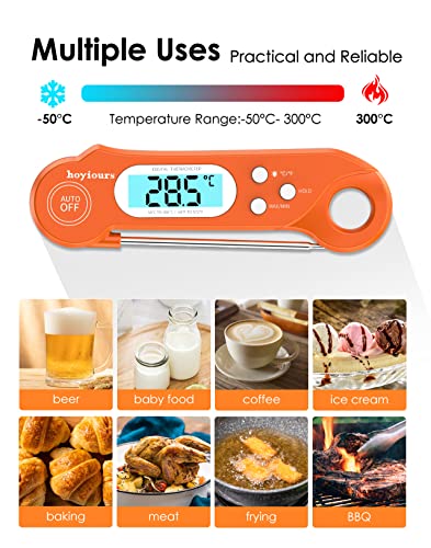 hoyiours Meat Thermometer, Fast & Precise Digital Food Thermometer with Backlight, Magnet, Calibration, and Foldable Probe, Instant Read Cooking Thermometer for Deep Fry, BBQ, and Roast Turkey