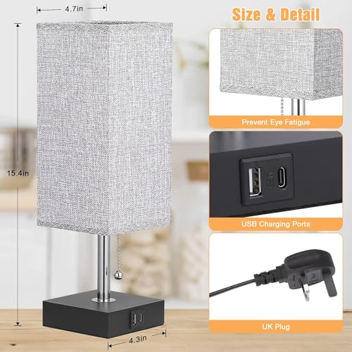 Aooshine Bedside Table Lamp, USB Bedside Lamps, Table Lamps for Bedroom with USB C and USB A Charging Ports, Bedroom Lamp with Grey Square Fabric Shade & Bedside Lamp (Bulb Not Included)