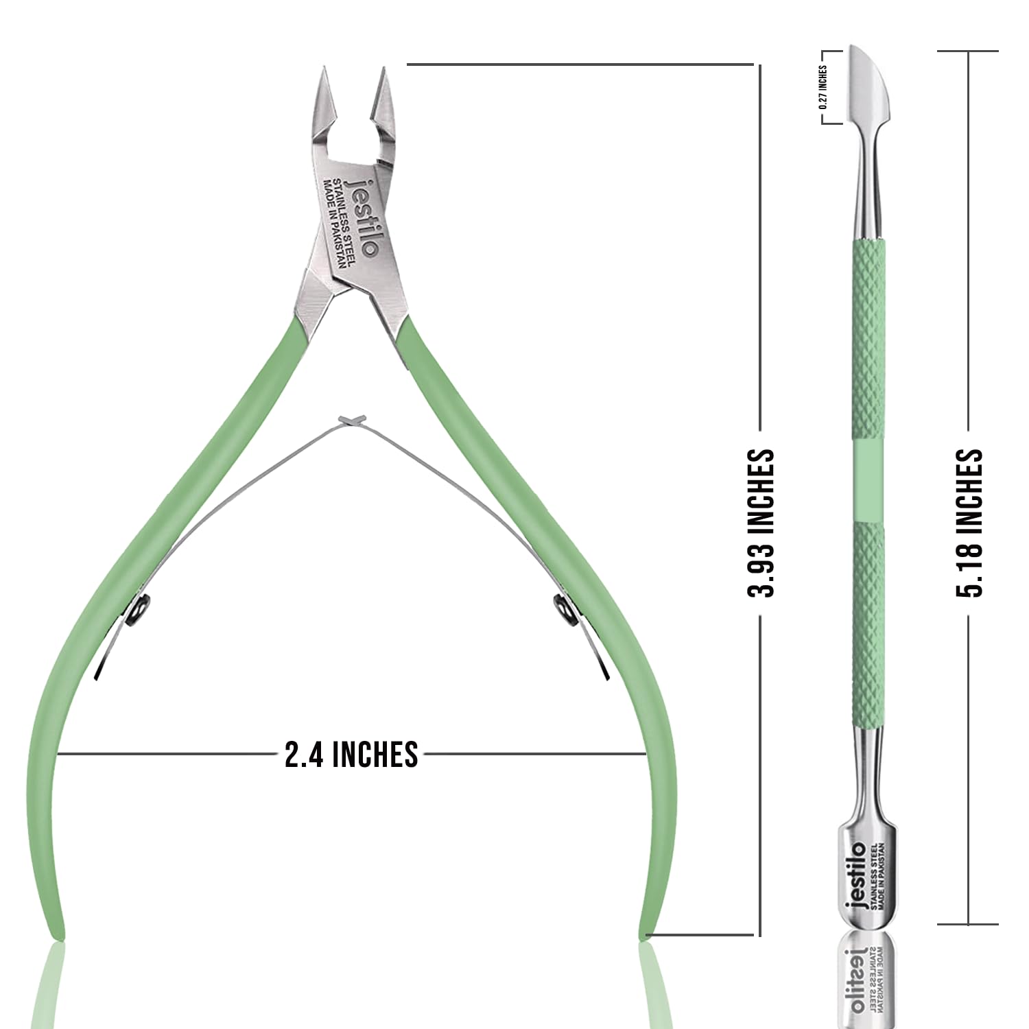 Jestilo Cuticle Remover Tool Set with Cuticle Cutter and Cuticle Pusher - Stainless Steel Professional Cuticle Nipper and Pusher Nail Care Tools for Salon and Level Mani-Pedi at Home - Silver (Green)