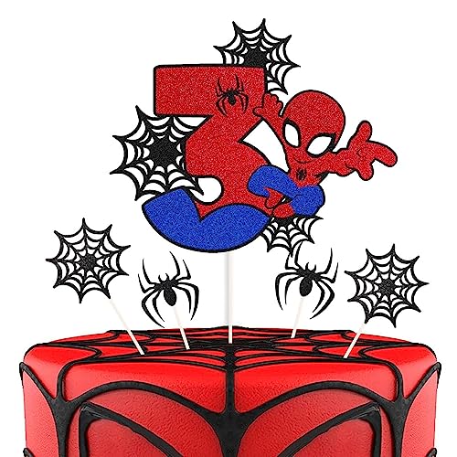 ZHIHUI 7 Pcs Cake Toppers, Personalised 3rd Birthday Cake Topper，Superhero Spiderman Happy Birthday Cake Toppers, Double Sided Glitter Cupcake Topper Birthday Party Decorations for Boys Children Kids