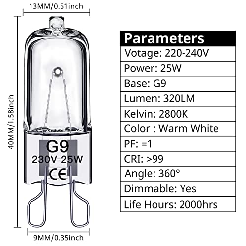 SILKIT G9 Halogen Light Bulbs 25W, 320lm, 2800K, No Flicker Dimmable G9 Capsule Bulb, Warm White,10 Pack