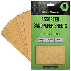 Pack of 10 Sand Paper Sheets - Mixed Grits, 3x Fine, 4x Medium, 3x Coarse - Assorted Sandpaper for Wood and Walls