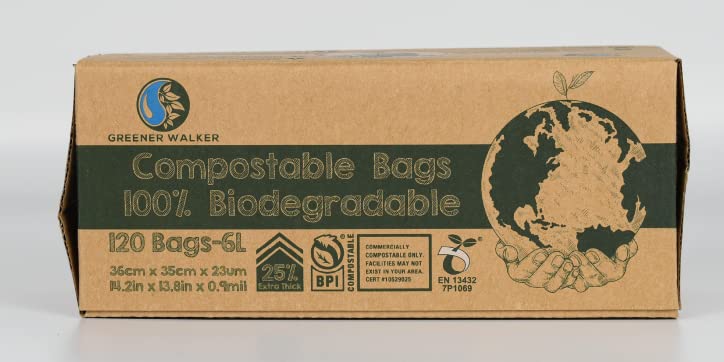 Greener Walker 25% Extra Thick Compost 6L/10L/30L Caddy Bin Liners-120 Bags Biodegradable Kitchen Food Waste Bags(6L)