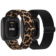 AMCC 2 Pack Straps Compatible with Fitbit Versa 2 Strap/Fitbit Versa Strap for Women/Men, Stretchy Adjustable Nylon Stylish Replacement Elastic Wristband for Fitbit Versa Lite (Black,Leopard)