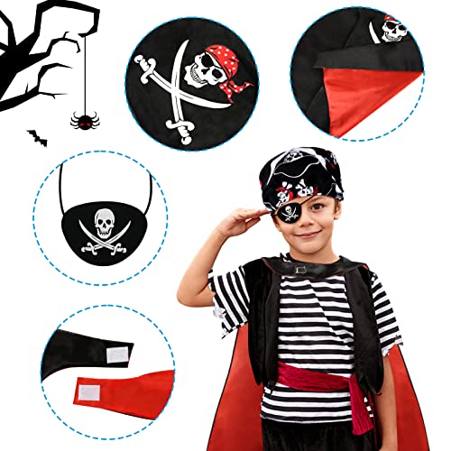 Landifor 4pcs Halloween Pirate Costume Set Pirate Captain Cape Skull Paisley Bandana Pirate Eye Patches with Temporary Tattoo for Kid Halloween Pirate Birthday Theme Dress Up Pretend Play