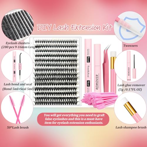 DIY Lash Extension Kit Individual Lashes Kit for Beginner at Home with 280 PCS 9-16mm Length 40D Curl Lash Clusters Lash Bond and Seal Glue Remover Tweezers Lash Applicator Tool