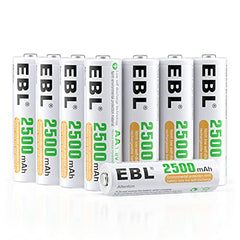 EBL Rechargeable AA Batteries High Performance 2500mAh AA 1.2V Ni-Mh Rechargebale Batteries Pack of 8 with Storage Case