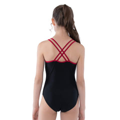 TIZAX Girls One Piece Swimsuit Solid Cross Back Multi Straps Swimwear Quick Dry Beach Swimming Costume Black 9-10 Years