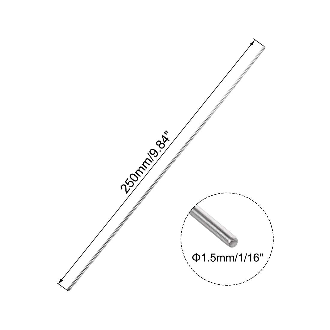 sourcing map 1.5mm x 250mm 304 Stainless Steel Solid Round Rod for DIY Craft - 10pcs