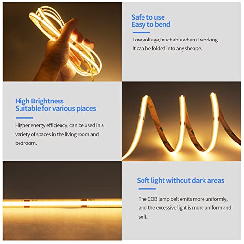 COB LED Strip 5M, Warm White 2700K LED Strip Light DC24V, 480LEDs/M, CRI 90and Super Bright Uniform Dotless LED Tape Lights for Cabinet Kitchen Home DIY Indoor Lighting Projects (No Power Supply)