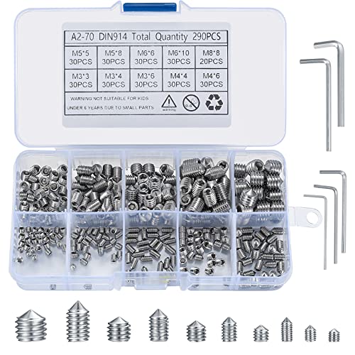 290 Pcs Cone Cup Point Grub Screws, M3/M4/M5/M6/M8 Hex Head Socket Screws Set Assorted, Mixed Stainless Steel Metric Threads Screws with Internal Hex Drive for Door Handles, with 5 Pcs Allen Key