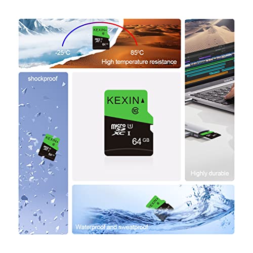 KEXIN 2 Pack Micro SD Card 64GB Memory Card Micro SD Extreme MicroSDXC SD Card Class 10 U1 Micro SD 64 GB Microsd Cards TF Card for Smartphone, Fire Tablet, Monitor, Dash Cam, Switch (Black Green)