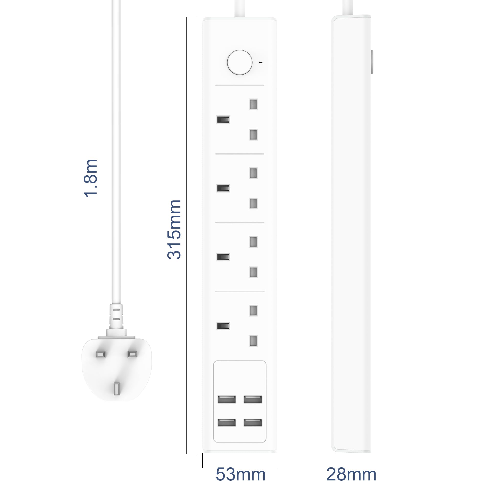 Extension Lead with USB Slots, 4 Way Sockets Outlets 4 USB Ports, 13A/3250W 1.8M Extention Cable with Switch Surge Protected Power Strips, UK Multi Plug Adapter Electrical Cords