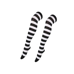 Andiker 1 Pair Over Knee High Socks for Women, Soft Long Stripe Knee Thigh Boot Warm Stockings Cotton Knee Highs Socks for Cosplay Daily Wear (black-white stripe)