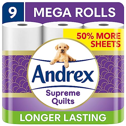 Andrex Supreme Quilts Mega Toilet Roll - 9 Mega Rolls (13.5 Standard), 3-ply, 25% Thicker Paper than Before to Provide Ultimate Quilted Comfort