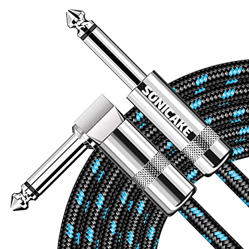 SONICAKE Braided Guitar Cable 6m/20ft Guitar Instrument Cable 6.35mm 1/4 inches Right Angle to Straight Black Blue