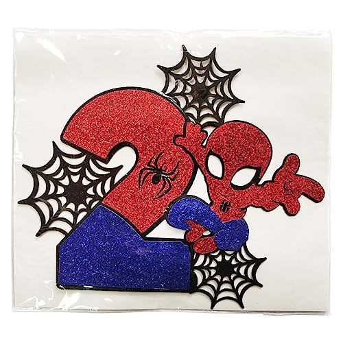 ZHIHUI 7 Pcs Cake Toppers, Personalised 2nd Birthday Cake Topper，Superhero Spiderman Happy Birthday Cake Toppers, Double Sided Glitter Cupcake Topper Birthday Party Decorations for Boys Children Kids