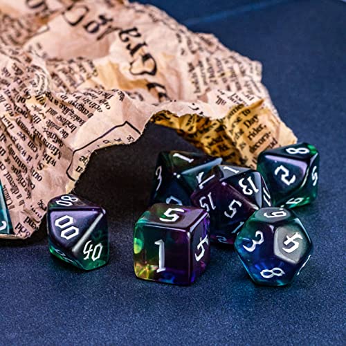 Cusdie 7Pcs/Set DND Dice Set D&D Polyhedral Dice for Dungeons and Dragons Role Playing Dice Games RPGs (4 Colors-Green/Purple/Blue/Yellow)