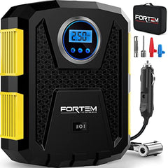 FORTEM Tyre Inflator Air Compressor, Car Tyre Pump, Car Tyre Inflator 12v, Electric Car Pump For Tyres w/LED Light, Digital Tyre Inflator for Bikes, Auto Pump/Shut Off, Carrying Case (Yellow)