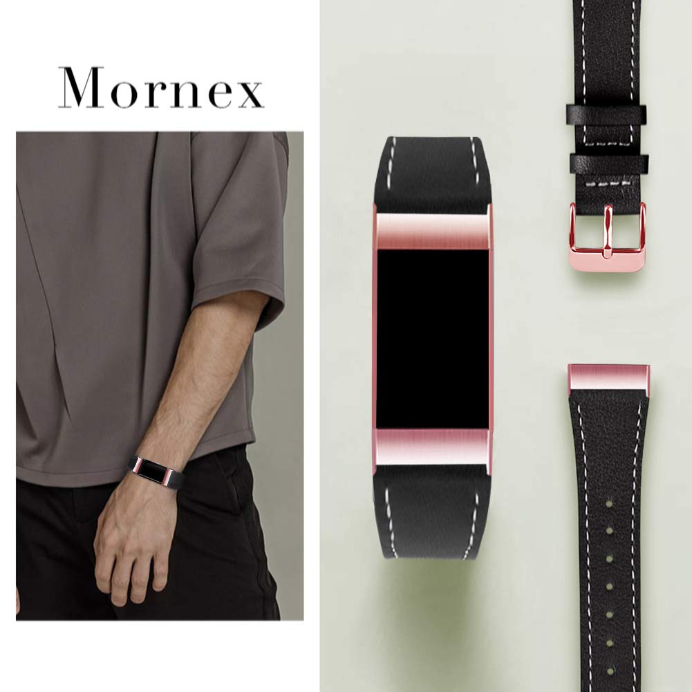 Mornex Strap Compatible Charge 3 Strap/Charge 3 SE/Charge 4 Leather Strap, Classic Adjustable Replacement Wristband Fitness Accessories Metal Connectors