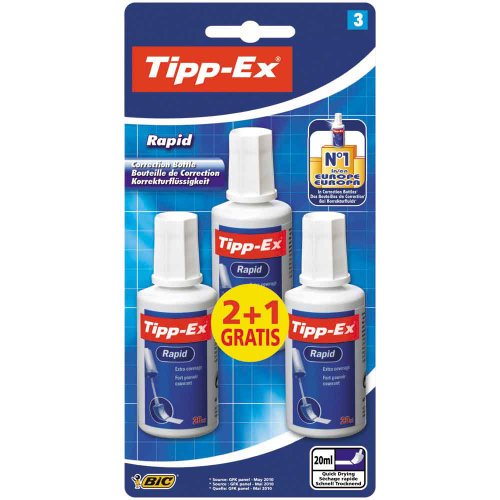 Tipp-Ex Rapid, Correction Fluid Bottle, High Quality Correction Fluid, Excellent Coverage, 20ml, Pack of 3, white