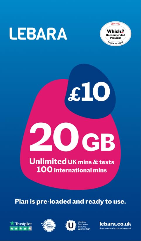 Lebara UK Pay As You Go SIM Card - 20GB Data, Unlimited UK Minutes & Texts, 100 International minutes for £10