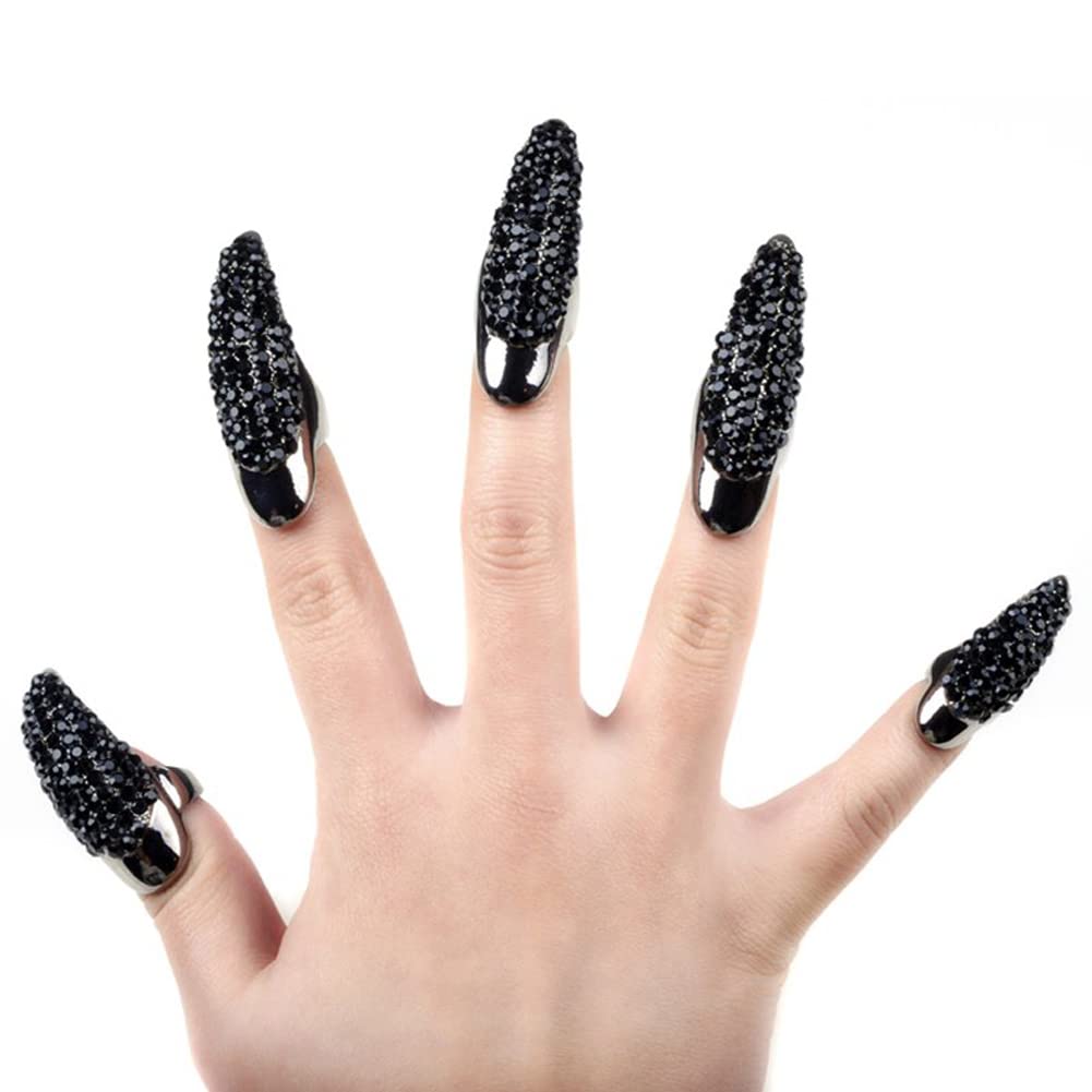 5PCS Halloween Punky Costume Finger Claw Nail Rings Rhinestone Talon Finger Ring Gothic Jewelry Cosplay Nail Finger Tips Holiday Decoration for Unisex