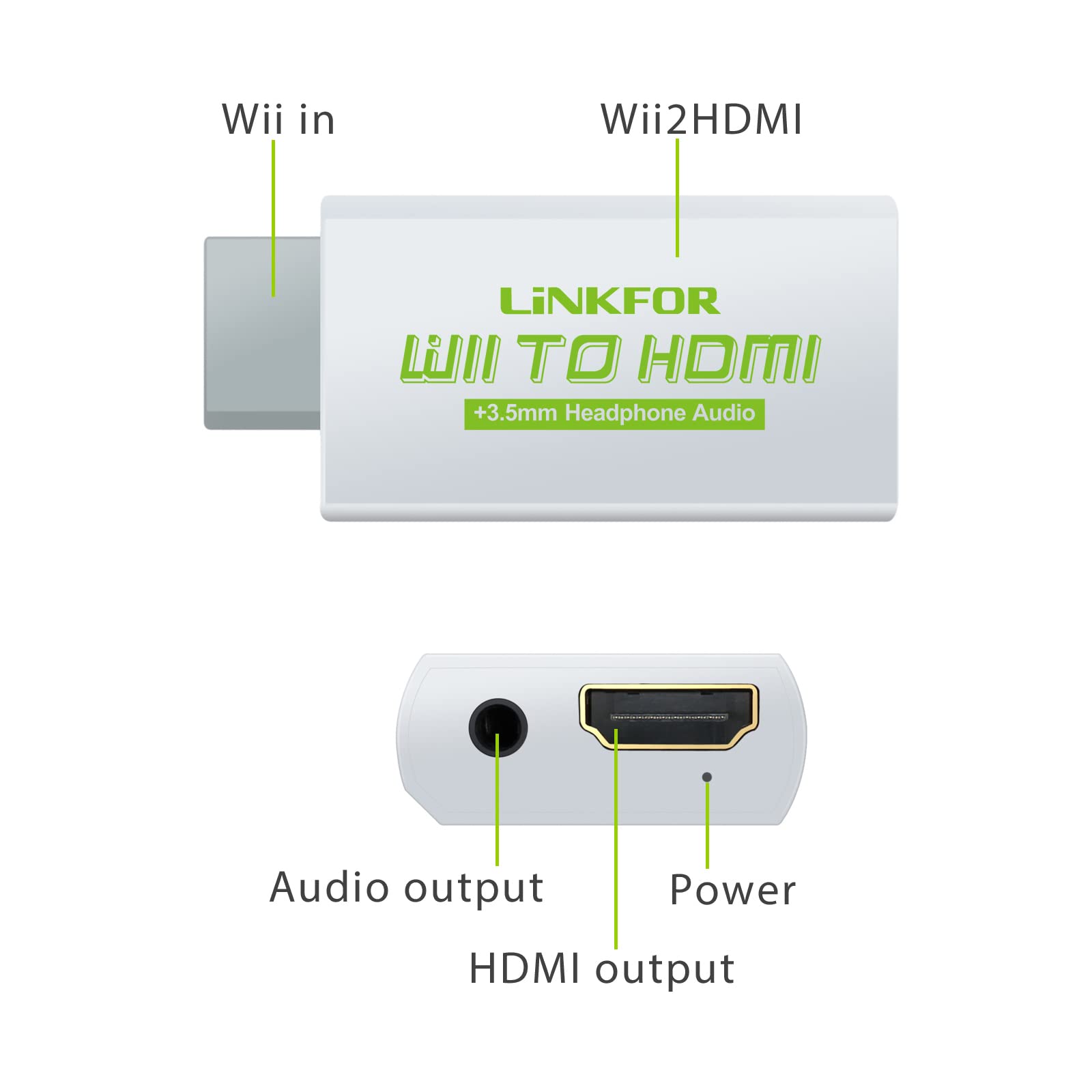 LiNKFOR White Wii HDMI Converter With 3ft HDMI Cable/Wii to HDMI Converter -Scales Wii Signal to 720p and 1080p HDMI Signal- Wii2HDMI 720P Or 1080P Video Converter Adaptor HDTV and 3.5MM Audio Output