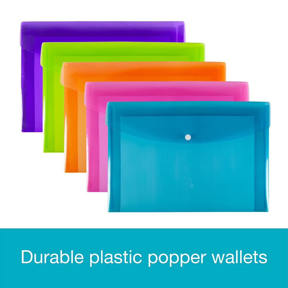 SUMMIT A4and Plastic Popper Wallets, Assorted Colours, Document Folders, Pack of 5