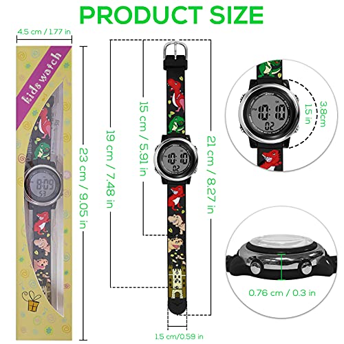 Bigmeda Kids Digital Watch, 3D Cartoon Sports Watch for 3-10 Year Boys Girls, Time Date Display, 7 Color Backlight, Stopwatch, Alarm Functions Kids Waterproof Wrist Watch (Dinosaur)