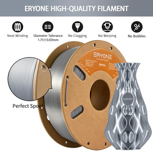 ERYONE Silk PLA Filament 1.75mm, 3D Printer Filament PLA, -0.03mm, 1kg(2.2lbs)/Spool, Silk Silver