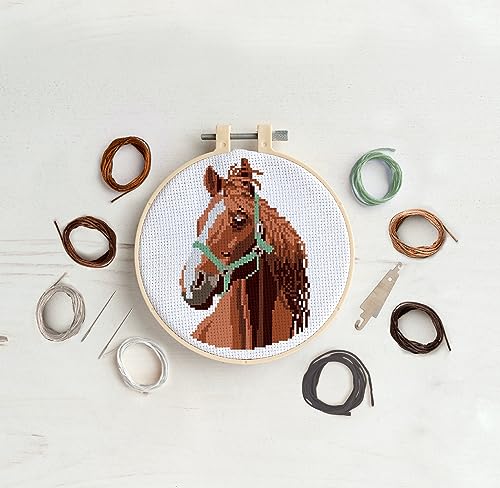 Simply Make Cross Stitch Kit - Horse Design for Kids and Adults, Including Hoop, Embroidery Thread, Fabric and Needle - Perfect for Adult Crafts and Beginners - Starter Cross Stitch Craft Kit