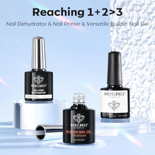 Modelones Clear Builder Gel with Nail Primer& Nail Dehydrator Set, Professional Nail Superior Bonding Primer Gel Builder for Nails, Hard Gel Strengthener Extension Builder Gel in a Bottle Nail Polish