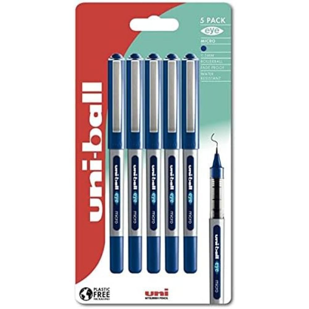 uni-ball UB-150 Eye Blue Rollerball Pens. Premium Micro 0.5mm Ballpoint Tip for Super Smooth Handwriting, Drawing, Art, Crafts and Colouring. Fade and Water Resistant Liquid Uni Super Ink. 5 Pack