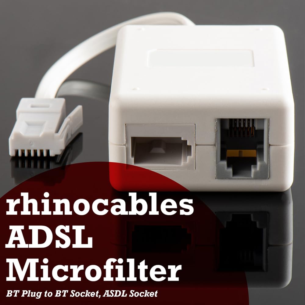 rhinocables ADSL Microfilter with Cable Lead and RJ11 Connection Adapter - BT Plug, BT Socket, ADSL Socket for Broadband Modems, White