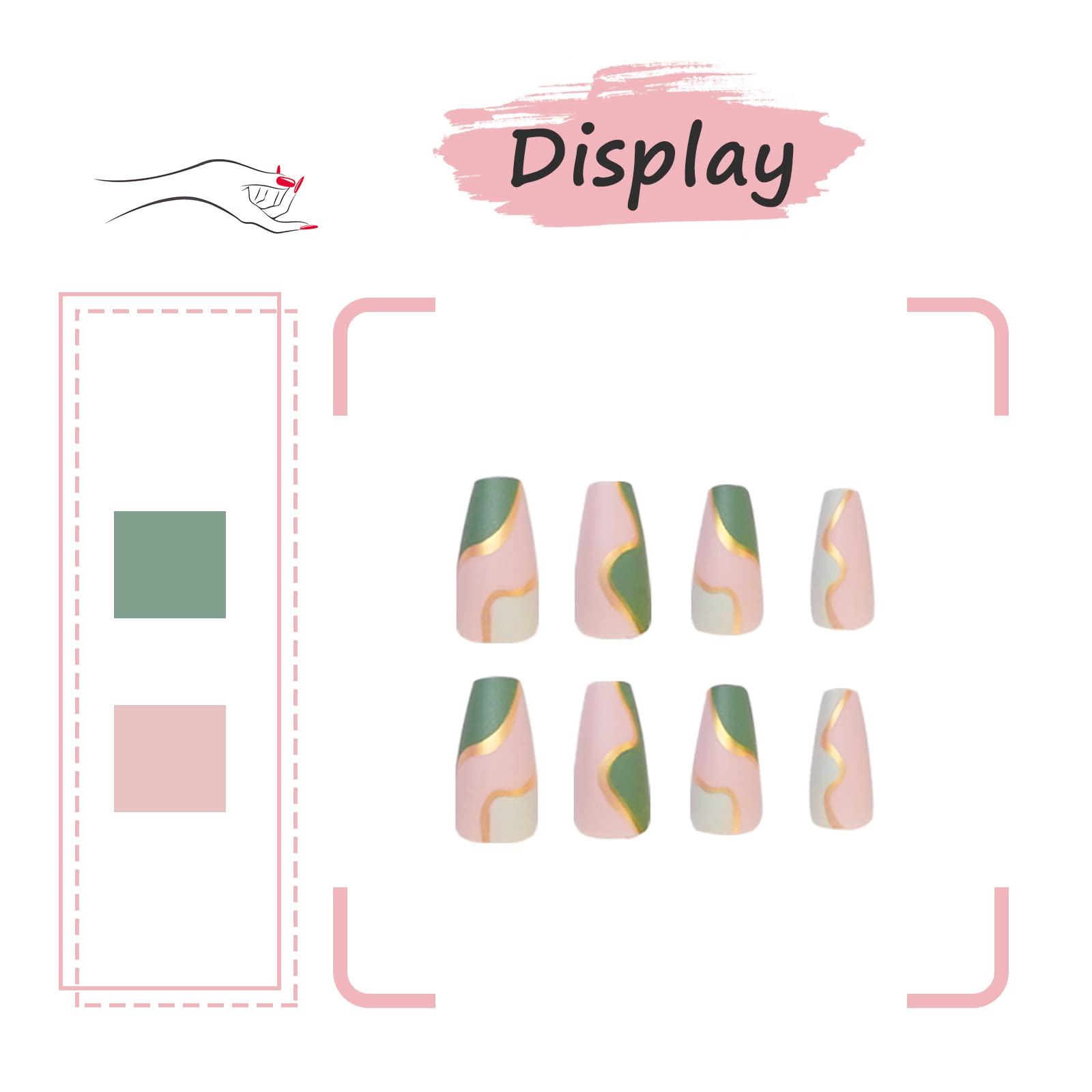 24Pcs Medium Press on Nails Coffin, French Green Glossy Acrylic False Nails with Glue Sticker, Full Cover Matte Fake Nails for Women and Girls DIY Manicure Nail Art