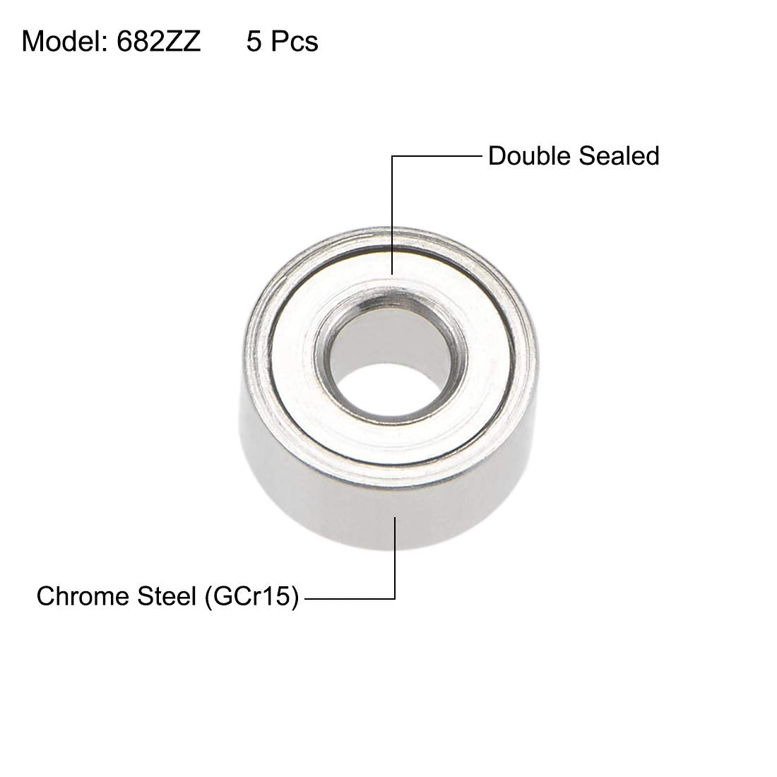 sourcing map 682ZZ Deep Groove Ball Bearings 2mm Inner Dia 5mm OD 2.3mm Bore Double Shielded Chrome Steel Z2 5pcs