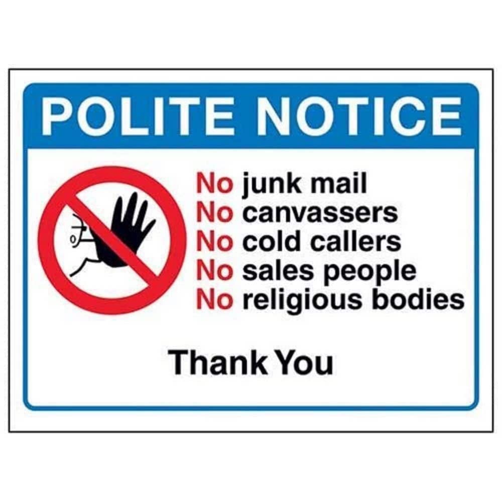 V Safety Polite Notice: No Junk Mail Sign - 150mm x 100mm - Self Adhesive Vinyl