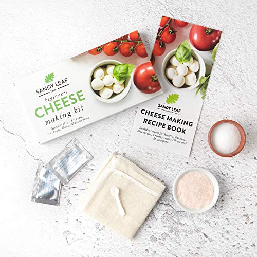 Sandy Leaf Farm Cheese Making Kit - Valentine Day Gift, Homemade, DIY Ricotta, Burrata, Goat, Mascarpone, and Mozzarella Cheese Making Kits for Beginners w/ Vegetarian Rennet & Cheese Cloth