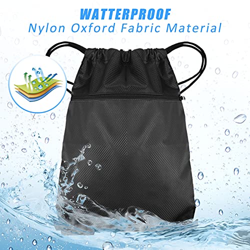 Fuyamp Drawstring Gym Bag, Black Drawstring Bags Waterproof Gym Bag,Sport Sack PE Bag, Swimming Bags Drawstring Scratch Resistant Bag for Men Women Large with Outside Zipper