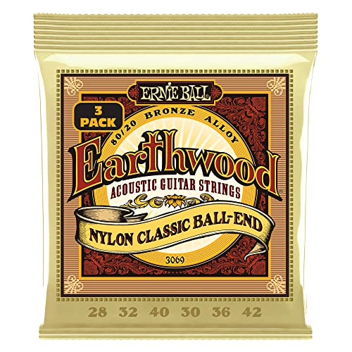 Ernie Ball Earthwood Folk Nylon, Clear and Gold with Ball End, 80/20 Bronze Acoustic Guitar Strings 3 Pack - 28-42 Gauges