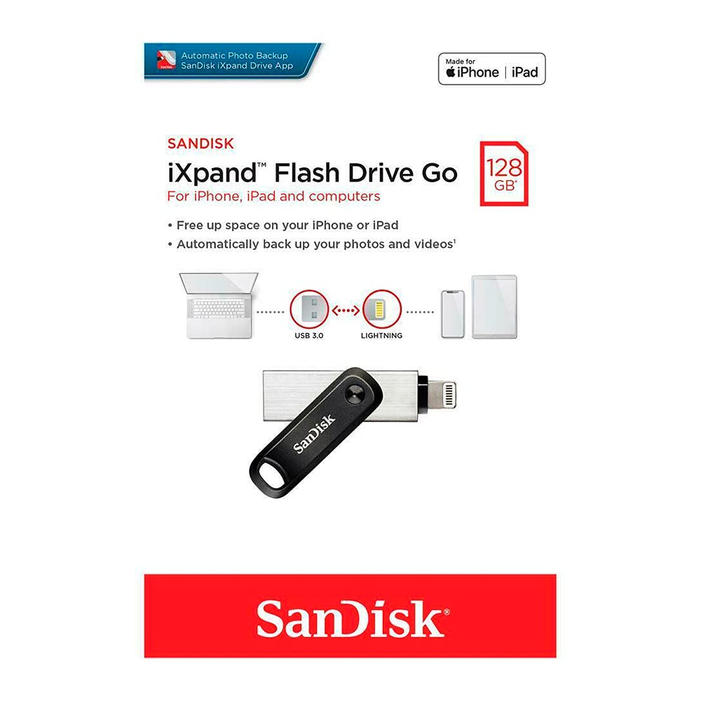 SanDisk 128GB iXpand Flash Drive Go with Lightning and USB 3.0 connectors, for iPhone/iPad, PC and Mac