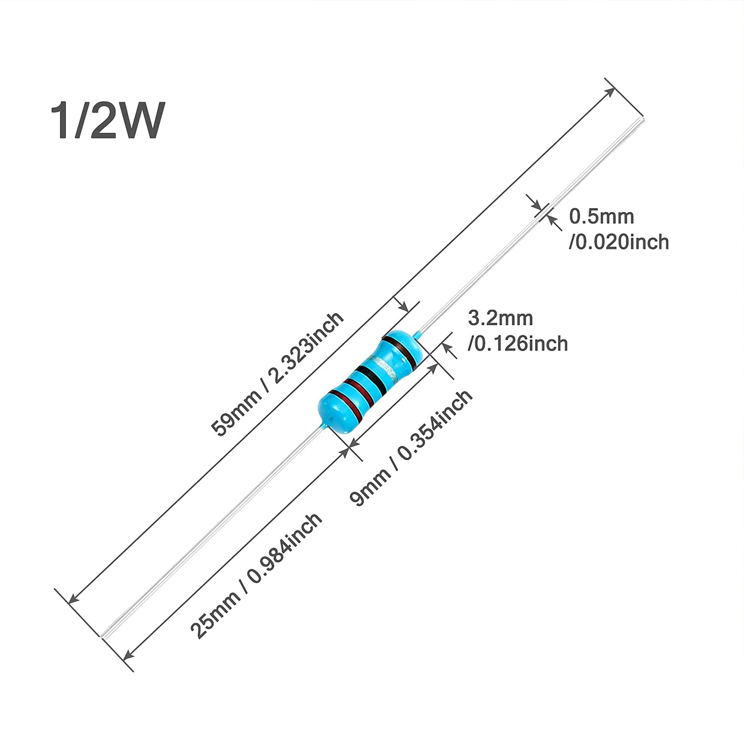 UMTMedia® 30pcs 5.6 ohm Ω - 1/2W Watt Metal Film Resistors 0.5 ±1% for Electronic, Arduino, or Raspberry PI Projects. Many Values Available