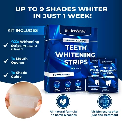 BetterWhite Professional Teeth Whitening Strips 21 Treatments - Enamel Safe - Non-Sensitive Formula - 42 Peroxide-Free Whitening Strips - Dentist Formulated Teeth Whitening Kit and Mouth Opener Included