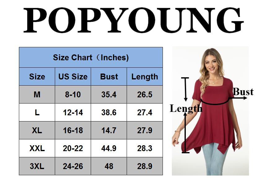 POPYOUNG Womens Casual Tunic Tops Short Sleeve Ladies Longline Tunic Blouse Shirts Square Neck Dress Floaty Long Tops to wear with Leggings M,Black