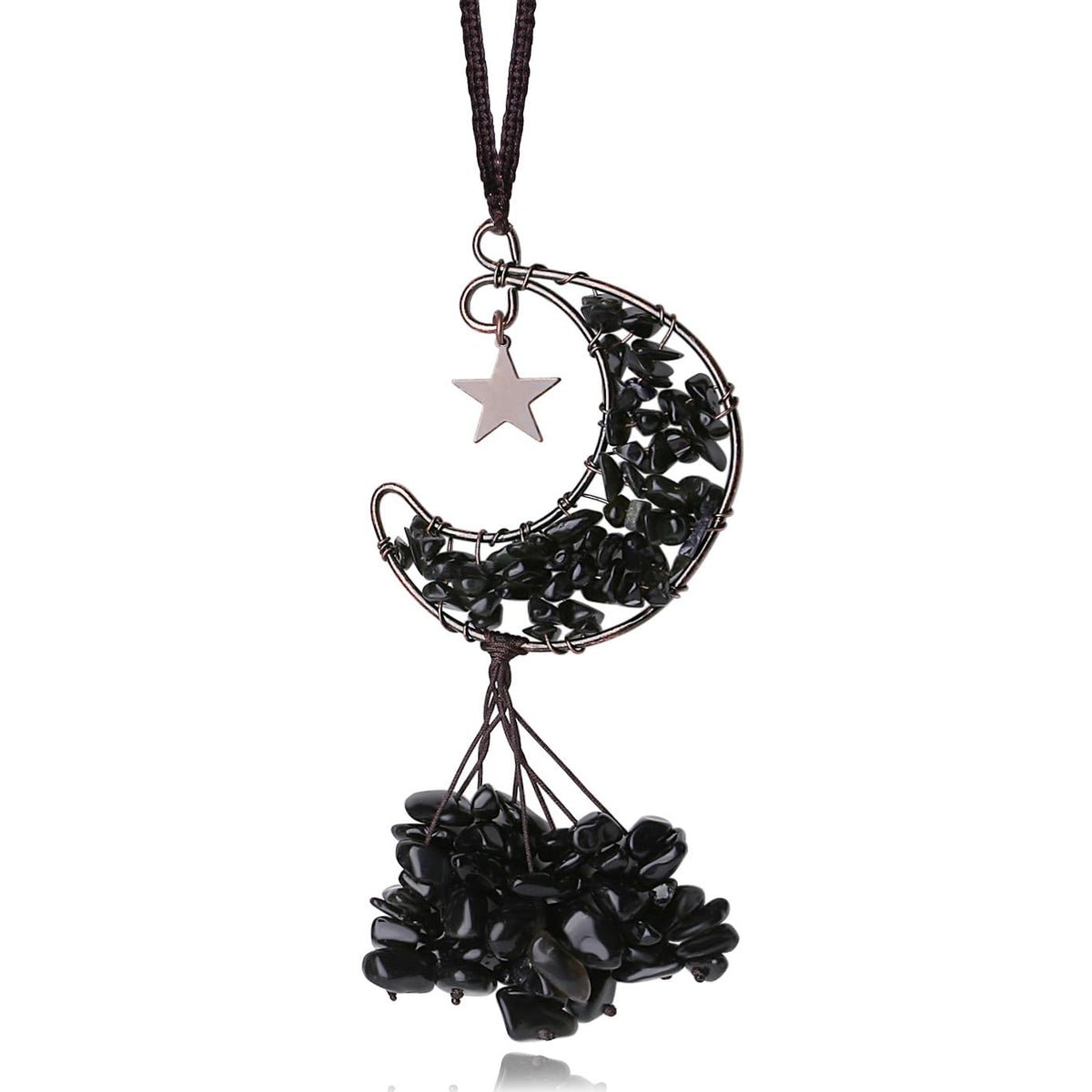 XIANNVXI Black Obsidian Crystal Hanging Healing Crystal Moon Star Reiki Meditation Hippie Car Rear View Mirror Hanging Accessories Wall Window Hanging Crystal