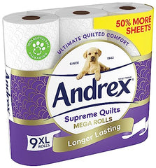 Andrex Supreme Quilts Mega Toilet Roll - 9 Mega Rolls (13.5 Standard), 3-ply, 25% Thicker Paper than Before to Provide Ultimate Quilted Comfort