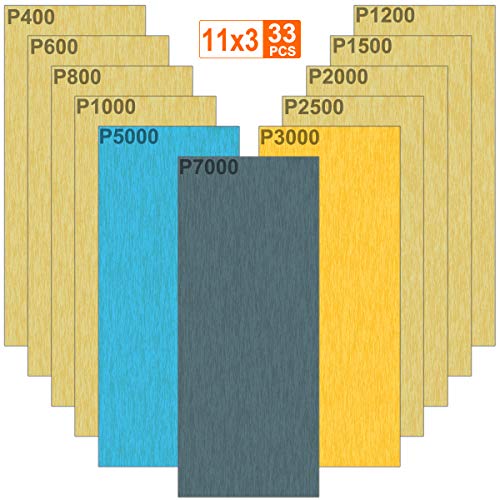 Akuoly Wet and Dry Sandpaper 33pcs Abrasive Paper Sheets 7000 5000 3000 2500 2000 1500 1200 1000 800 600 400 Grit Sandpapers for Automotive Sanding Wood Finishing and Turning, 9 x 3.6 inches